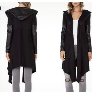 Blank NYC hooded Sweater Coat with Faux Leather sleeves and hood - XSmall- black